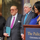 Pulitzer Administrator Dana Canedy, left, stands with music industry icon Clive Davis, Lee C. Bollinger, president of Columbia University, and long-time publicist for singer Aretha Franklin, Gwendolyn Quinn.